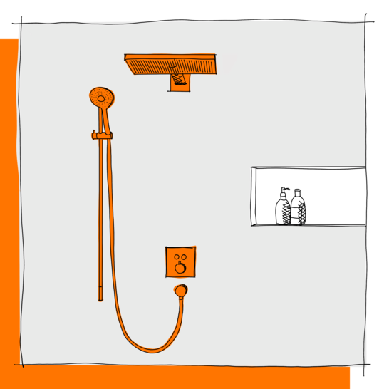 Die Illustration zeigt eine moderne Dusche mit einem orangefarbenen Regenduschkopf und einer Handbrause. Rechts ist ein Wandfach mit Duschutensilien. Illustration Armaturen für die Dusche