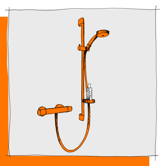 Die Illustration zeigt eine orangefarbene Duschvorrichtung mit Handbrause, verstellbarer Stange, Wasserhahn und kleinem Korb für Duschutensilien.
Illustration Dusche Aufputz